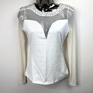 Guess White Cream Blouse W/ Back Zip Rhinestone Embellishments Sz XS Mesh Sleeve - Picture 1 of 6