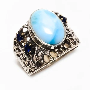 Genuine Larimar - Domonican Republic, Blue Sapphire Silver Ring s.7.5 T89 - Picture 1 of 4
