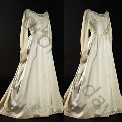 Vintage Satin Wedding Dresses Light Champagne Long Sleeves V Neck Bridal Gowns - Image 1 of 4