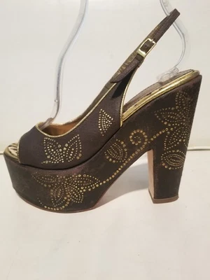 Roberto Cavalli Peeptoe Slingback Platform Henna Brown Gold Sandals Shoes 36 - Image 1 of 4
