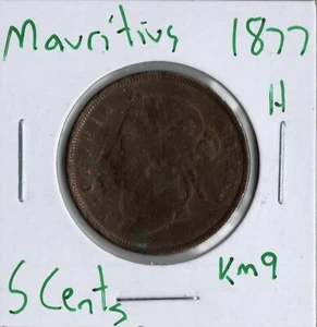 Moneda Mauricio 5 Céntimos 1877 H KM9 - Imagen 1 de 4