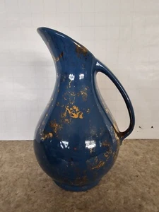 Bell of California blauer Krug, Wasser Ewer, Goldwirbel gesprenkelte Keramik MCM - Bild 1 von 9