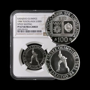 YUGOSLAVIA. 1984, 100 Dinara, Silver - NGC PF67 - Speed Skating Sarajevo - Picture 1 of 5