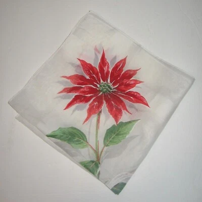 Red Christmas Poinsettia with Bow Hankie Handkerchief Vintage Large 16" Square - Image 1 of 4