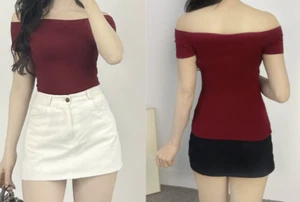Women's Off-Shoulder Fitted Cotton T-Shirt - Picture 1 of 2