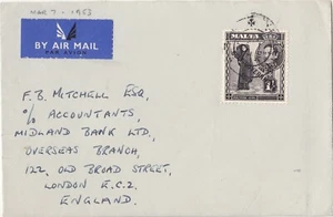 MALTA - Air Mail Cover 1953 Self Government KGVI 1/- to Midland Bank, London - Picture 1 of 1