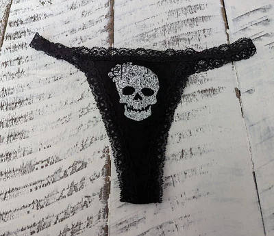 Vintage Blackheart Lingerie Size XS Black Tattoo Skull Lace Trim Thong - Image 1 of 4