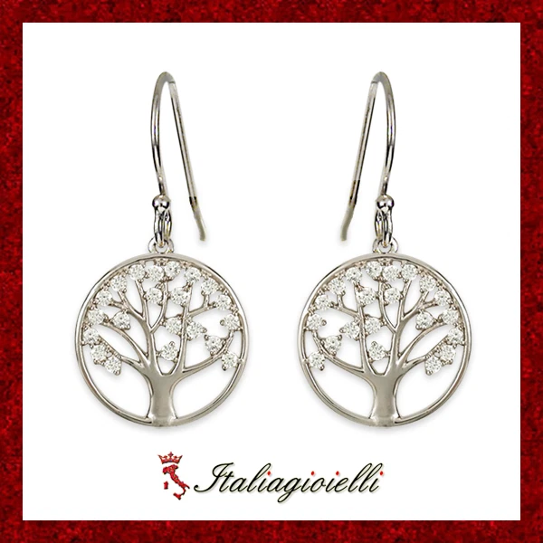 Splendenti Orecchini Albero della Vita Brillanti Argento 925 Rodiato Oro Bianco - Immagine 1 di 4