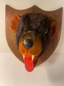 Trofeo orso peluche vintage raro testa su targa occhio mancante - rigido? - Foto 1 di 13
