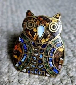 VINTAGE MOSAIC OWL CLOISONNE ARTWORK BRASS TONE BELT BUCKLE - Picture 1 of 4