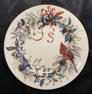 Set 6 Lenox Winter Greetings Cardinal + Ribbon 8"  Salad Plates Gold Rim Holly - Picture 1 of 9