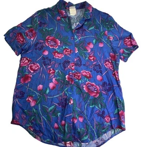 Women's Sz Med 8 Vintage Hawaiin Shirt Blouse Blue Pink Costume Vacation Retro - Imagen 1 de 6