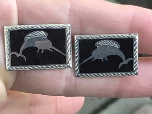 Vintage Manschettenknöpfe Sterlingsilber 925 signiert Kristall HFENIX Emaille Schwertfisch - Bild 1 von 8