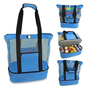Beach Bag tote Mesh Double Layer Beach Bag With Insulated Layer Blue - Picture 1 of 4