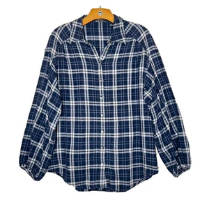 Vince Blue Plaid Button Up Balloon Sleeve Womens Blouse - Picture 1 of 6