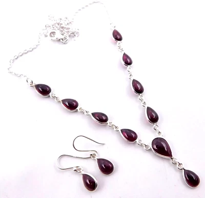 11Gm 925 Argento Sterling Splendido Granato Cab Pietra Collana & Orecchini - Immagine 1 di 2