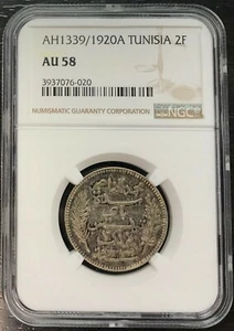 TUNISIA - 2 FRANCS AH 1339 / 1920 IN PARIS - NGC AU 58 - 303 RARE COPIES - Picture 1 of 2