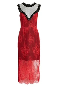 DIANE von FURSTENBERG DVF Red Black Fringe Beaded Sheer Lace Bodycon Dress 6 = S - Picture 1 of 10