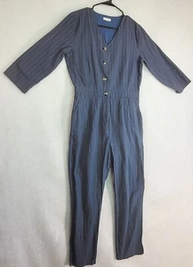 Bohme Jumpsuit Womens Medium Blue Pinstripe Button Front Cotton Boho Jumper - Picture 1 of 13