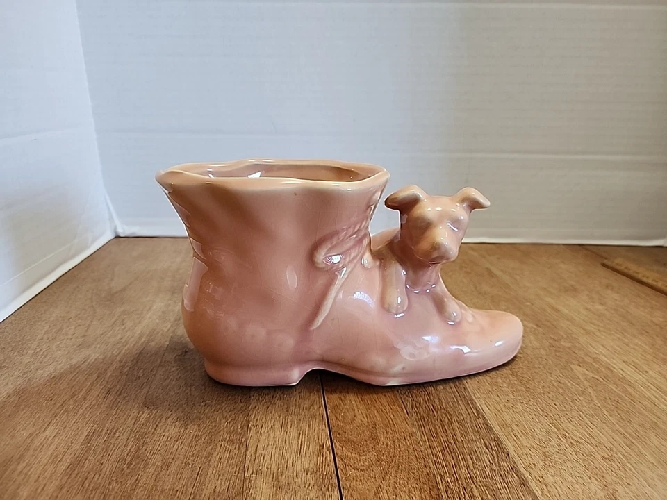 Vintage Shawnee Shoe and Dog Planter Pink USA 8" Long x 4-1/2" High x 3-1/4" - Image 1 of 4