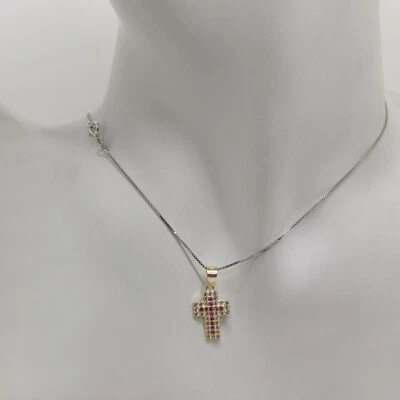 COLLANA DONNA CON CIONDOLO CROCE CRISTALLI ROSSI E ZIRCONI IN ARGENTO 925 (0487) - Immagine 1 di 4