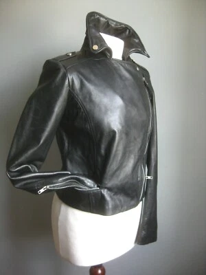 MANGO LEATHER BIKER JACKET punk small 8 6 black distressed cropped rock chick - Image 1 of 4