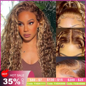 Highlight 13x4 Lace Front Wigs Human Hair 5/27 Curly Honey Blonde Ombre Wig - Picture 1 of 8