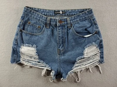 Pantalones Cortos Boohoo Para Mujer 6 Cortes Azules Tiro Alto Rasgado Lavado Medio Denim Foto 1 de 4