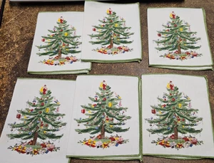 SPODE CHRISTMAS TREE Linen Cocktail Napkins Set of 6 rectangular 8.5" x 5.5" - Picture 1 of 7