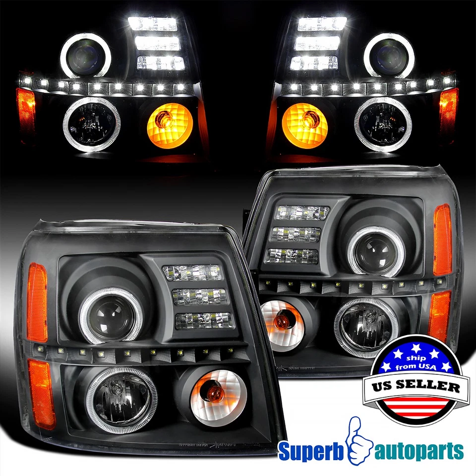 Fits 2002-2006 Cadillac Escalade Black Halo Projector Headlights LED Bar - Image 1 of 4