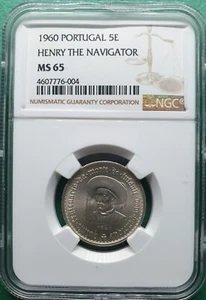 1960 PORTUGAL 5 ESCUDOS SILVER HENRY THE NAVIGATOR NGC MS 65 - Picture 1 of 2