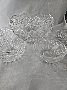 Le Smith Vintage Hobstar 5 Crystal Clear Glass Fruit Bowl & 4 serving bowls EC - Picture 1 of 9