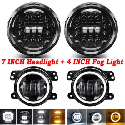 Kit combinado de faros LED halo RGB de 7" + luces antiniebla de 4" para Jeep Wrangler JK 2007-17 Foto 1 de 4