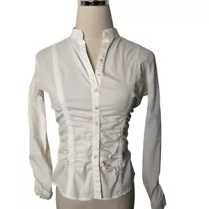 Armani Collection Blouse Size 6 White Stretch Cotton Shirred Fitted Waist Shirt - Picture 1 of 13