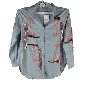 Blue b Womens Baby Blue & Pink Sequin Fringe Cowboy Boot Print Button-Up Shirt M - Picture 1 of 7