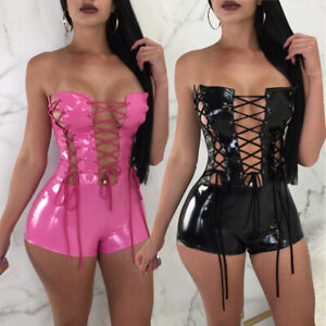 Womens Sexy Bandage Tube Slim Overalls Jumpsuits Patent Leather Bodysuit Shorts