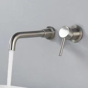 2 PCS Brushed Nickel Bathroom One Handle wall Mounted Sink Tap Basin Faucet - Picture 1 of 8