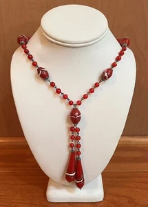 Viktorianische tschechische Glas Cloisonné ROTE lange Perlen Halskette ^ - Bild 1 von 9