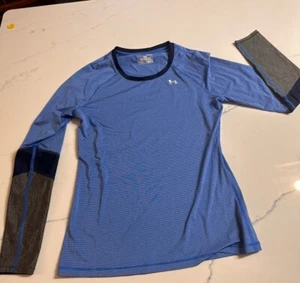 Under Armour Fitted Womens Small Long Sleeve Tee Heat Gear Blue Stripped - Picture 1 of 3