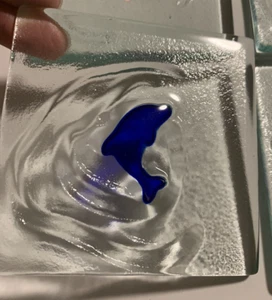 Fused Art Glass Coasters Cobalt Blue Dolphin Square 3,5"x3,5" Set Of 6 - Picture 1 of 12