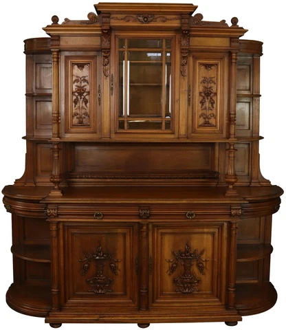 Antique Buffet Sideboard Renaissance Art Nouveau French 1900 Walnut Glass Large Cover