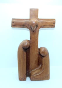 Estatua de madera tallada a mano de Jesús en cruz Virgen María 12" de alto arte firmado - Imagen 1 de 8