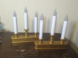 2 Triple Plow Hearth Battery Flameless Colonial Window Candles Antique Gold