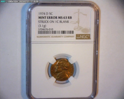 1974 D JEFFERSON NICKEL STRUCK ON A COPPER CENT PLANCHET 3.1 GR  U.S. ERROR COIN Cover