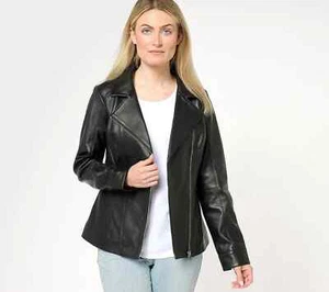 Denim & Co. Chaqueta Moto Cuero Cordero con Bolsillos-Negro-2X-NUEVA-A612795 - Imagen 1 de 2