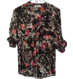 Calvin Klein Top leggero nero rosa floreale con bottoni maniche a linguetta a rullo S - Foto 1 di 9