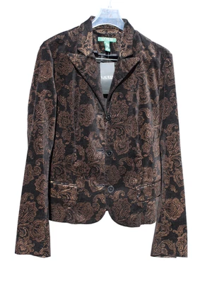 Ralph Lauren Blazer 夹克黑色天鹅绒单排扣金色佩斯利尺寸 12/L NOS — 第 1/4 张图片