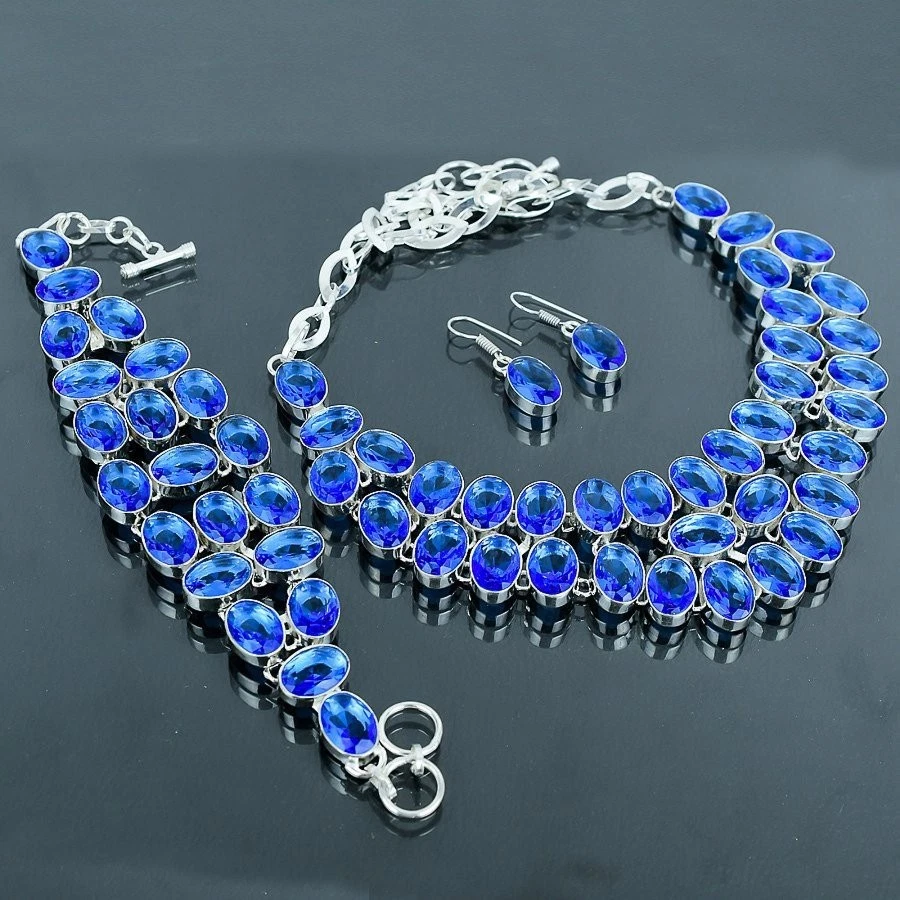 Faceted Tanzanite Quartz Oval Shape Gemstone Handmade Gift Jewelry Necklace Set - Image 1 of 4