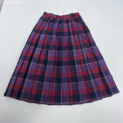 Vintage 80s Oscar De La Renta Purple Plaid Wool Blend Pleated Skirt Womens 13/14 - Image 1 of 4