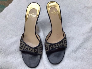 Fendi Logo Women’s Black Cloth & Leather Trim Slides Size 36 (5.5), Italy. - Picture 1 of 9